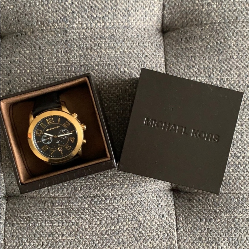 Michael Kors Gold Tone and Black Leather Watch